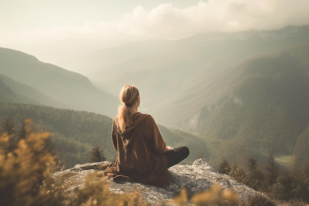 Mujer meditando en las montañas ai generado