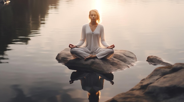 una mujer meditando en la naturaleza