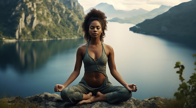 una mujer meditando en la naturaleza