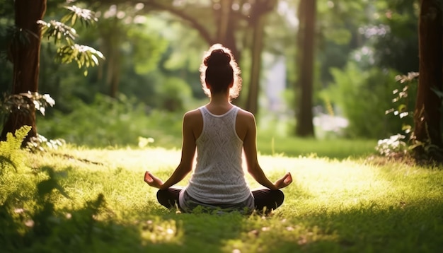 Una mujer meditando en un parque con una vista de la ciudad en el fondo