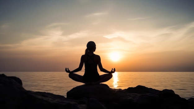 Una mujer meditando en la playa al atardecer.