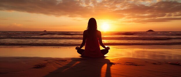 una mujer meditando en la playa al atardecer