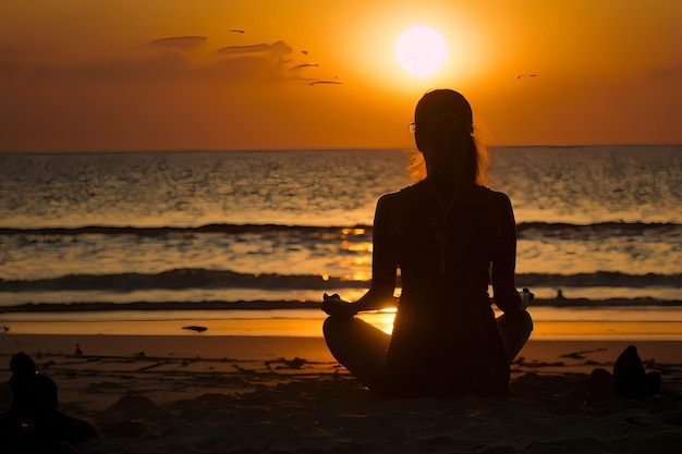 Una mujer meditando en la playa al atardecer.