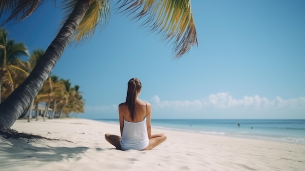 Mujer meditando en la playa Ilustración AI GenerativexA