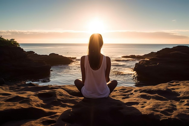 Una mujer meditando en una playa con la puesta de sol detrás de ella.