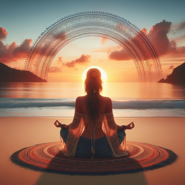 una mujer meditando en una playa con una puesta de sol en el fondo