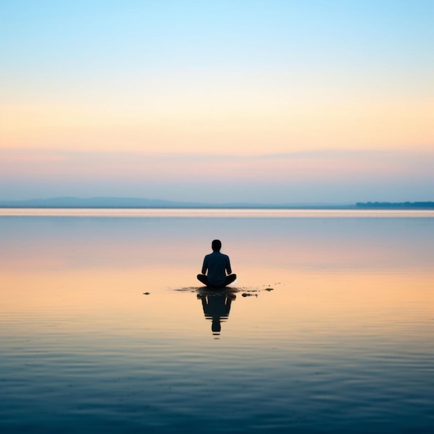 Foto una mujer meditando en una playa tranquila al anochecer generada por la ia