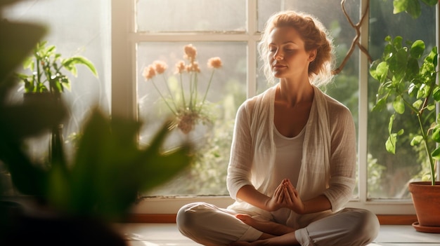 Foto mujer meditando en posición de loto en casa