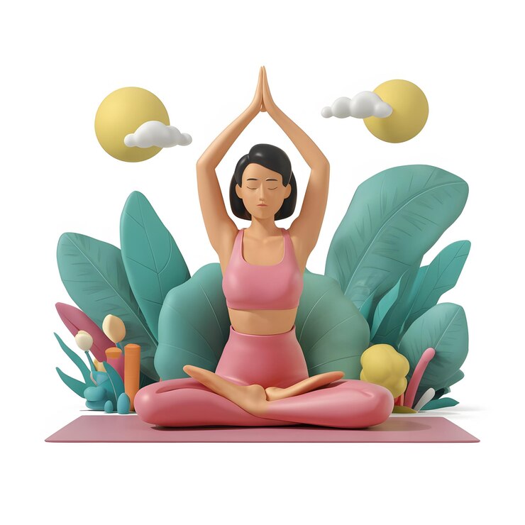una mujer meditando en posición de loto con hojas y una imagen de una mujer haciendo yoga