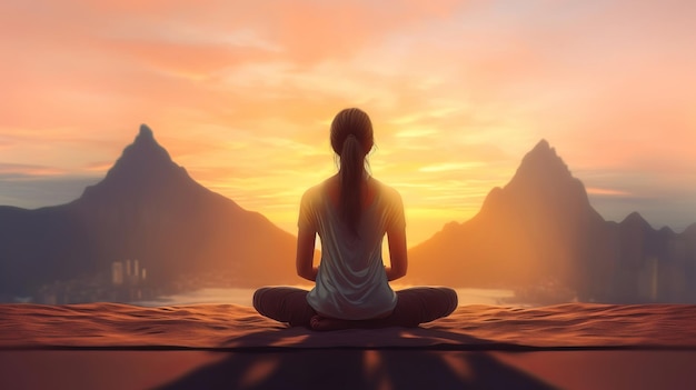 Una mujer meditando en posición de loto mientras mira la puesta de sol Generativo ai