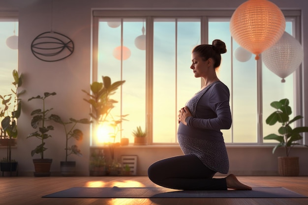 mujer meditando en posición de yoga mujer embarazada haciendo ejercicio de yoga espacio libre espacio de copia