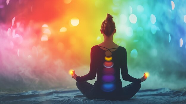 Mujer meditando en postura de loto con chakras coloridos en el fondo