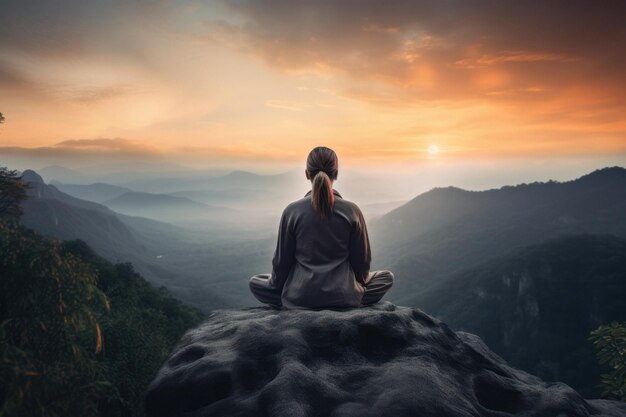 Mujer meditando en postura de loto con vistas panorámicas a la montaña
