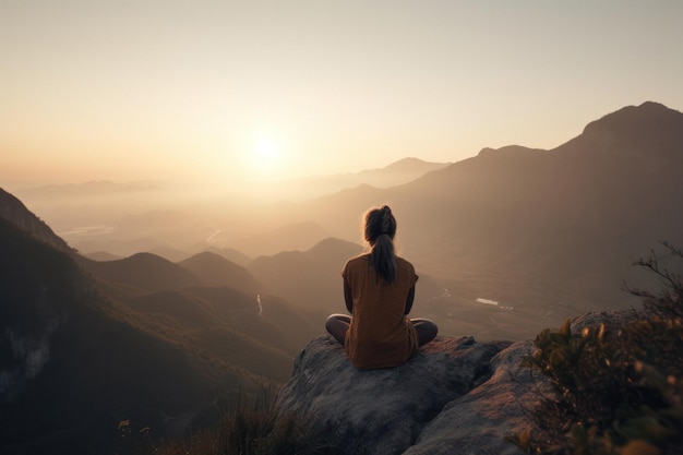 Mujer meditando en postura de loto con vistas panorámicas a la montaña