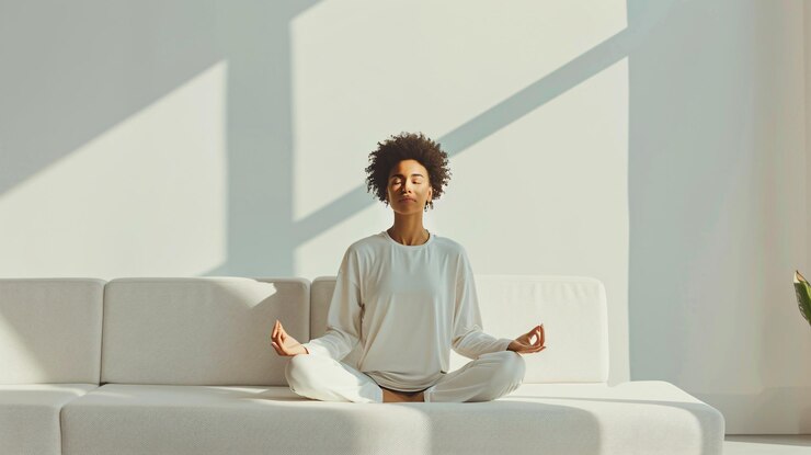 Foto una mujer meditando en una postura de yoga en un sofá blanco