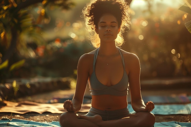 una mujer meditando en una postura de yoga