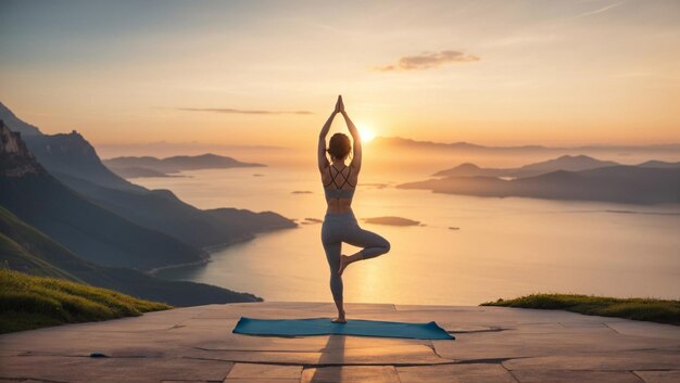 Mujer meditando y practicando yoga junto al mar