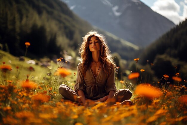 Mujer meditando en un prado con flores al fondo