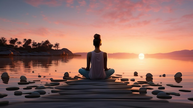 mujer meditando rodeada de hermosas montañas