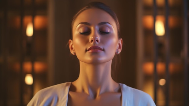 Mujer meditando en una sala de spa con bañera al fondo