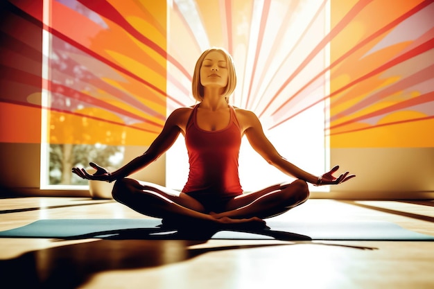 Una mujer meditando sobre una colchoneta de yoga con un rayo de sol detrás de ella.
