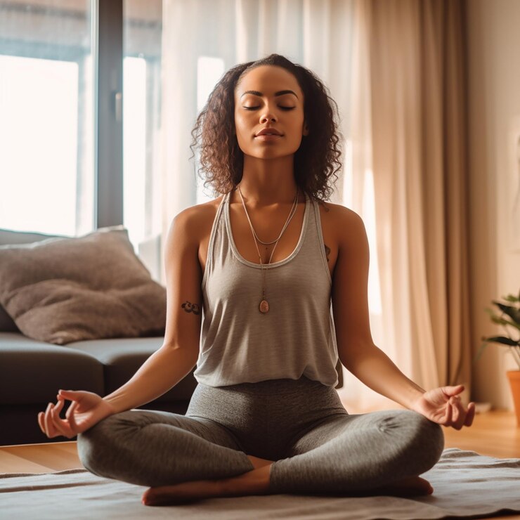 Una mujer meditando sobre una estera de yoga en una sala de estar.