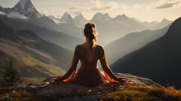 Una mujer meditando sobre una roca frente a un paisaje montañoso.