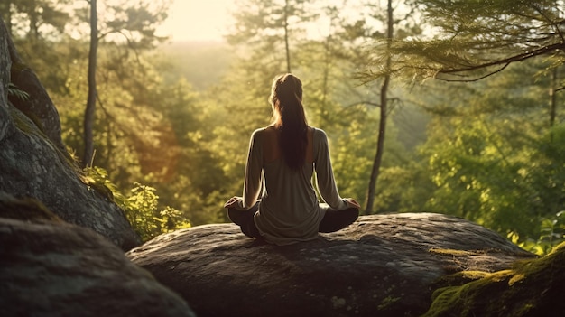 Una mujer meditando sobre una roca con el sol brillando a través de los árboles.