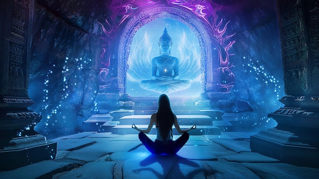 Foto mujer meditando en un templo budista mágico generado por la ia