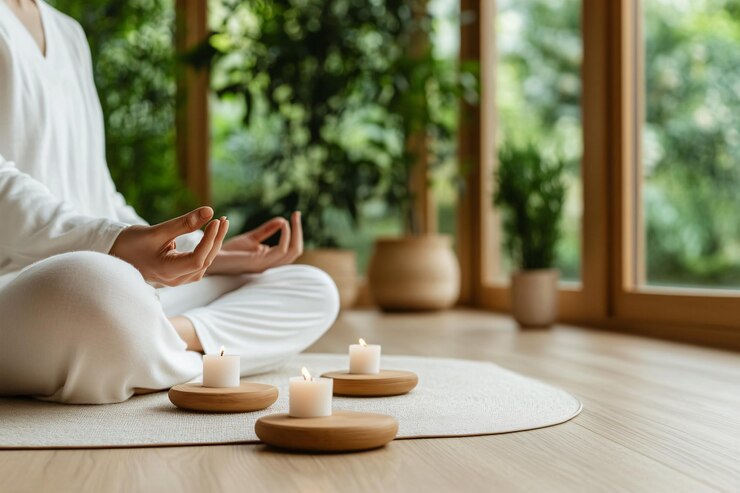 Mujer meditando con velas encendidas en una habitación serena