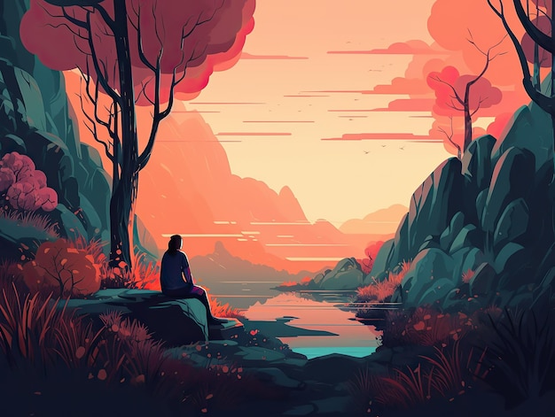 Una mujer meditando en yoga frente a la vista de la montaña al amanecer ilustración de arte digital del paisaje