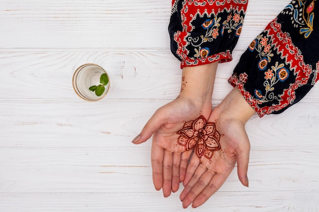 Mujer con mehendi en las palmas cerca de la taza con la ramita de la planta