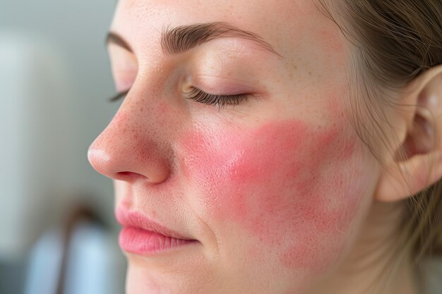 una mujer con mejillas rosadas y un labio rosa