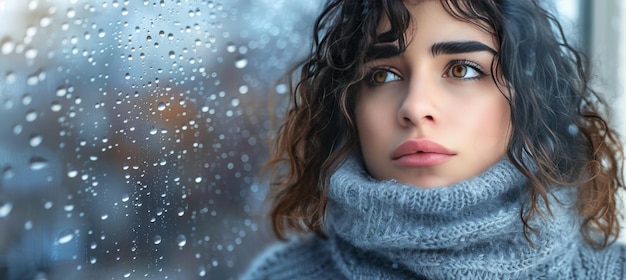 Foto mujer melancólica con el cabello rizado mirando por la ventana expresando profunda tristeza y contemplación