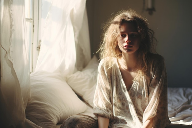Foto una mujer melancólica y sombría se sienta junto a la ventana perdida en sus pensamientos la habitación llena de un aire de tristeza e introspección