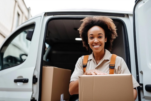 Mujer mensajera preparando cajas de cartón para su envío