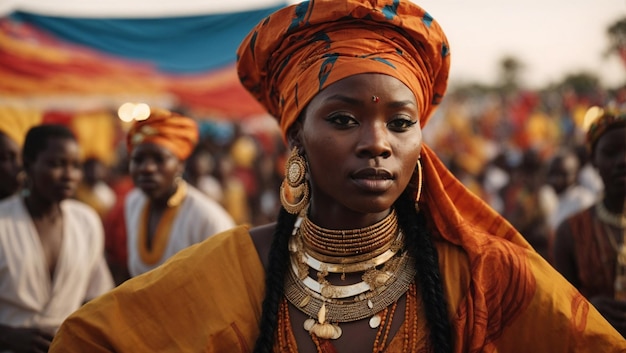 mujer del mes de la historia negra con ropa típica en colores radiantes