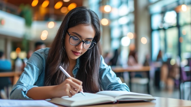 Foto mujer en la mesa con libro y bolígrafo