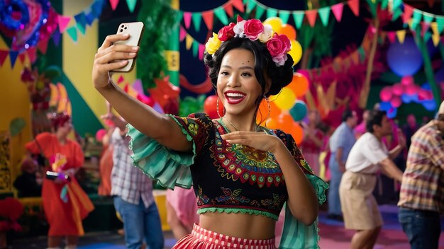 Mujer mestiza con rasgos asiáticos con ropa típica para la festa junina tomando una selfie