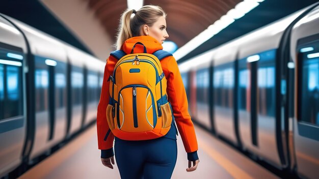 Mujer en el metro del metro con mochila traje naranja cabello rubio trenes de viaje retrato turístico vacaciones