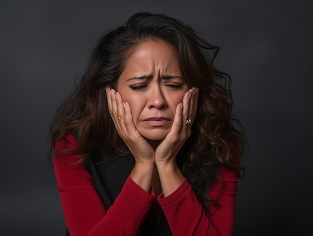 Mujer mexicana de 40 años en pose dinámica emocional sobre fondo sólido