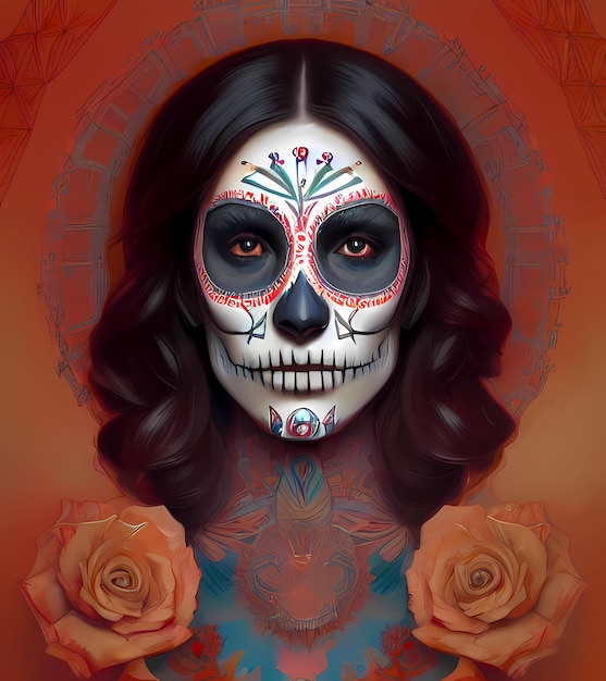 Mujer mexicana con maquillaje de dia de muertos para halloween y fiesta de truco o trato