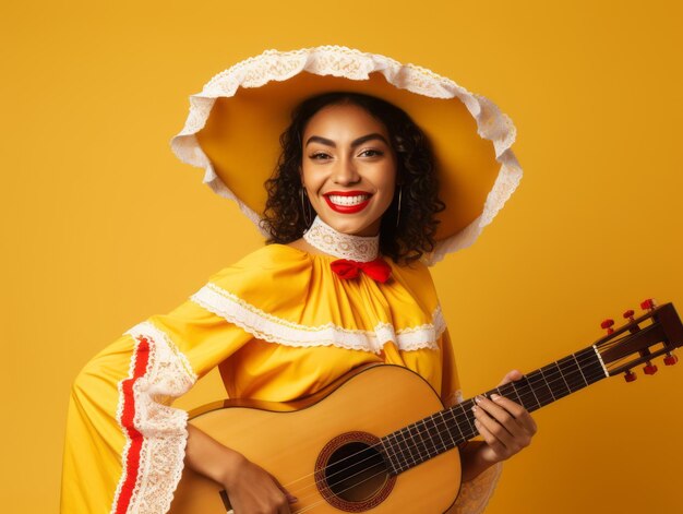 Mujer mexicana en pose dinámica emocional sobre fondo sólido