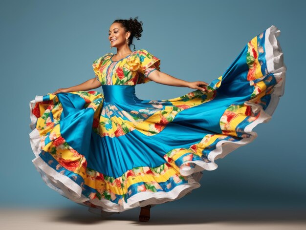 Foto mujer mexicana en pose dinámica emocional sobre fondo sólido