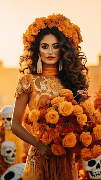 Mujer mexicana sosteniendo ramo de flores floristería en el día de muertos