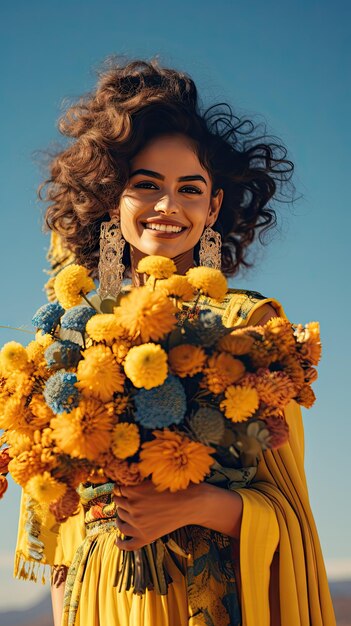 Mujer mexicana sosteniendo ramo de flores floristería en el día de muertos