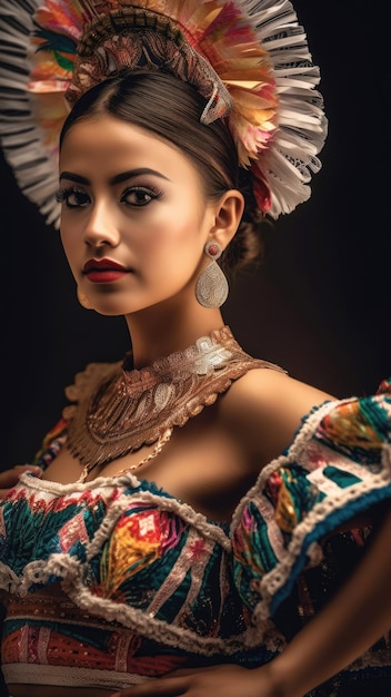 Mujer mexicana con un vestido colorido y brillante bailando sambo en la festividad del cinco de mayo