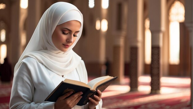 Foto mujer en una mezquita lee el libro sagrado alqurán