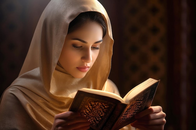 Una mujer en una mezquita lee el libro sagrado Corán Fe Tradiciones musulmanas