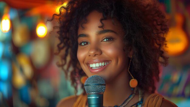 Mujer con un micrófono y una sonrisa